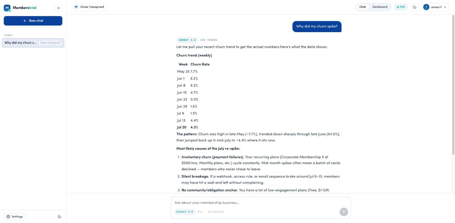 The advisor answering a churn question with a weekly churn-rate table and likely causes