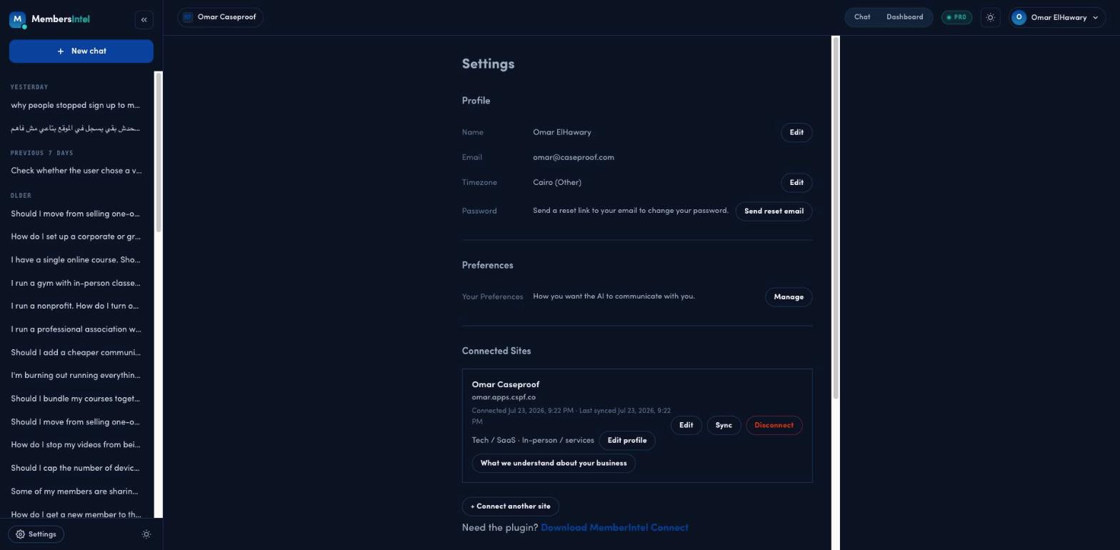 Connected Sites in MembersIntel Settings with a "+ Connect another site" option