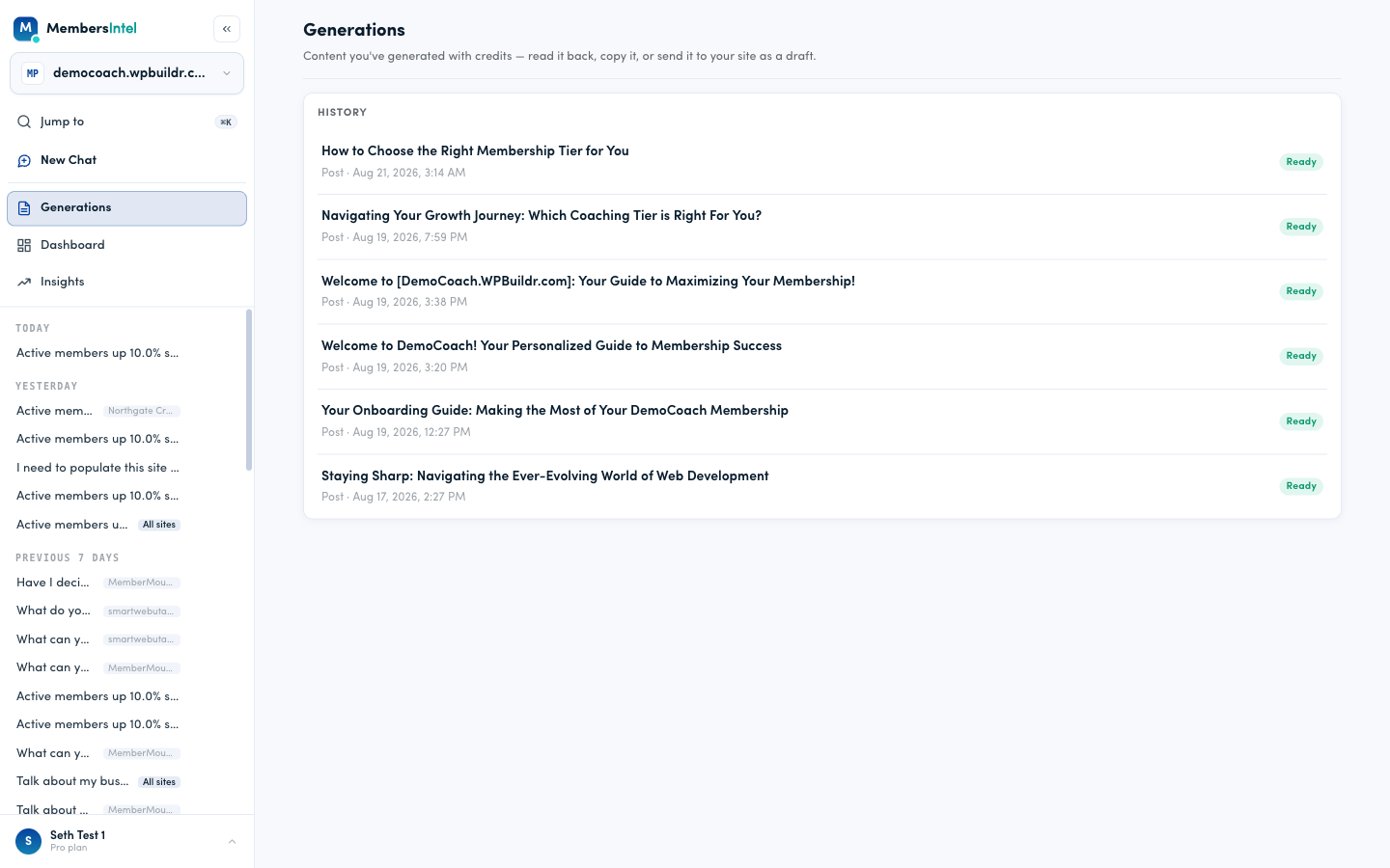 The Generations screen, listing previously generated content with a status of Ready