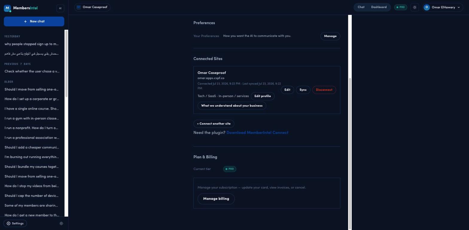 Plan & Billing in MembersIntel Settings, showing the current tier and a Manage billing button