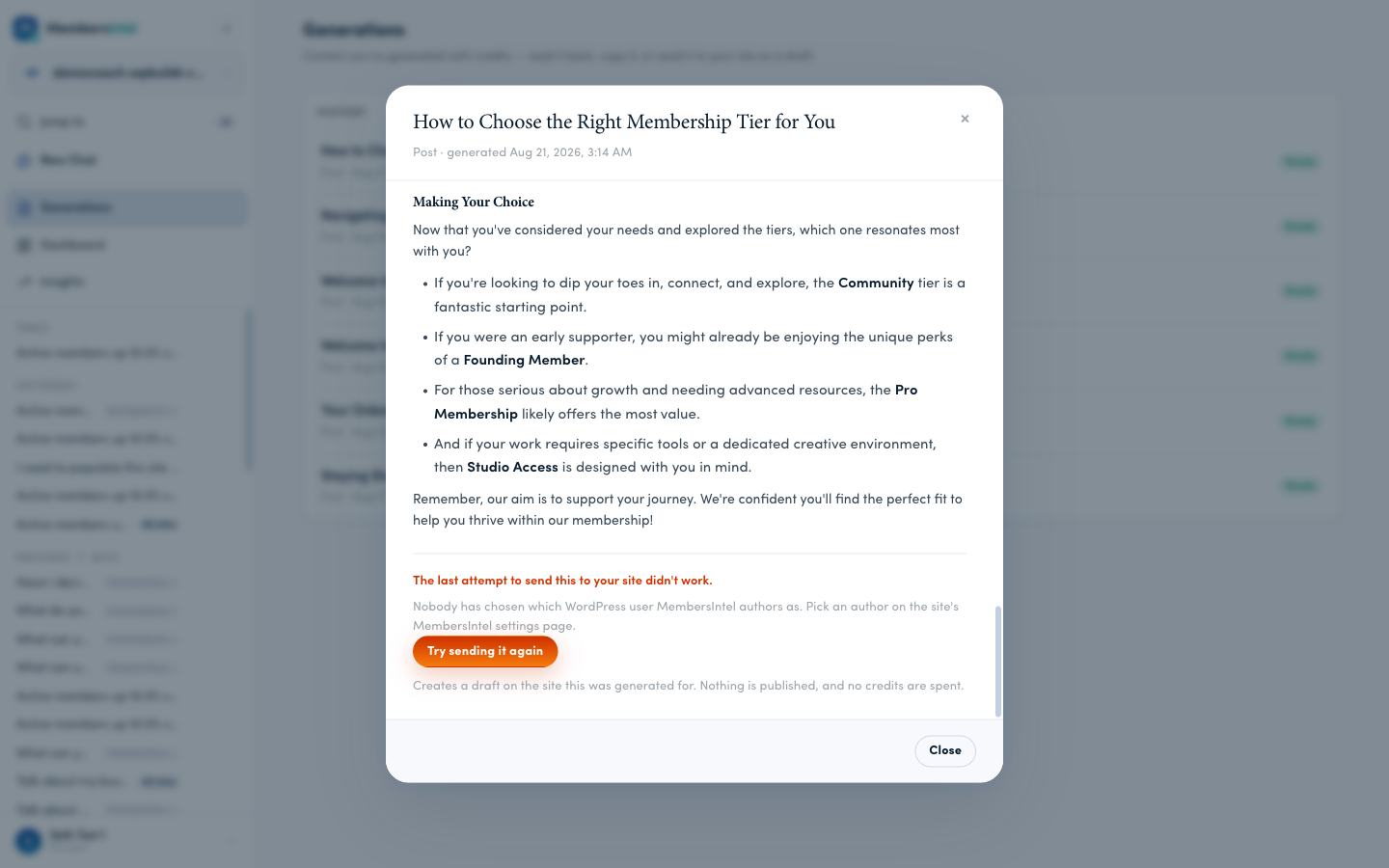 The send panel showing the author-not-selected error and a Try sending it again button